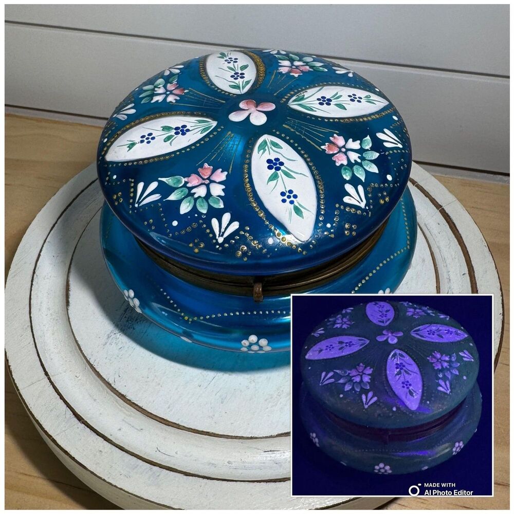 Antique Bohemian Moser? Vanity Powder Box Turquoise Floral Enamel Vaseline
